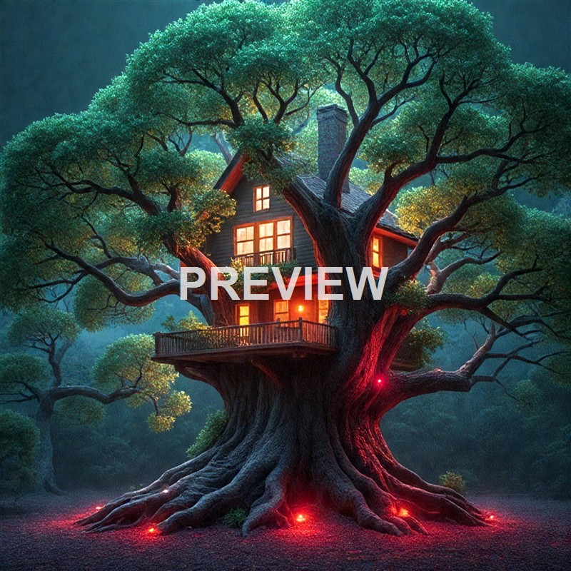 A large, ancient tree with sprawling branches and lush green foliage has been digitally illustrated to contain a cozy, warmly lit house within its trunk and branches, with glowing windows and a balcony, set against a dark, mystical forest background.